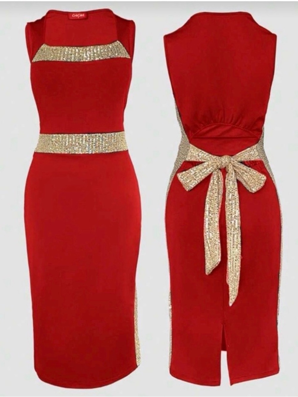 chic Red Backless Sheath Dress with Gold Sequin Accents